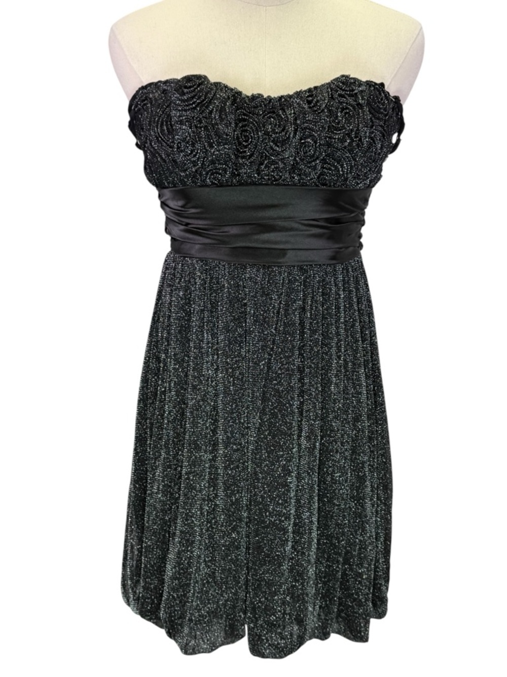 Agaci Y2K Black Glitter Rosette Bodice Party Dress Satin Waist Size S D88400S - Picture 2 of 7